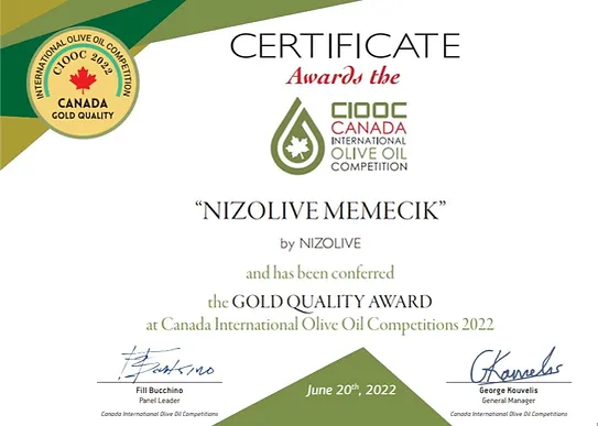 CIOOC Canada International Olive Oil Competition Gold Quality Award, Nizolive Memecik