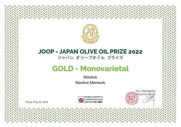 Japan Olive Oil Prize 2022 Gold, Nizolive Memecik