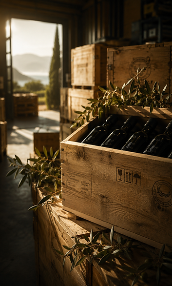 Wooden crates of NizOlive bottles with olive branches