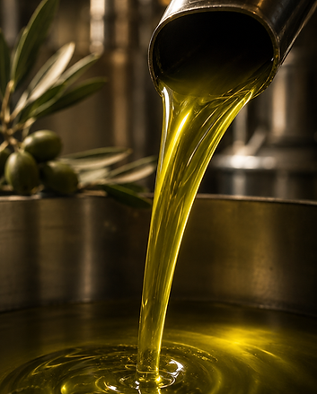 Golden olive oil being poured into a steel vat