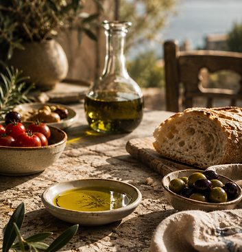 Table spread with olive oil, bread, tomatoes and olives