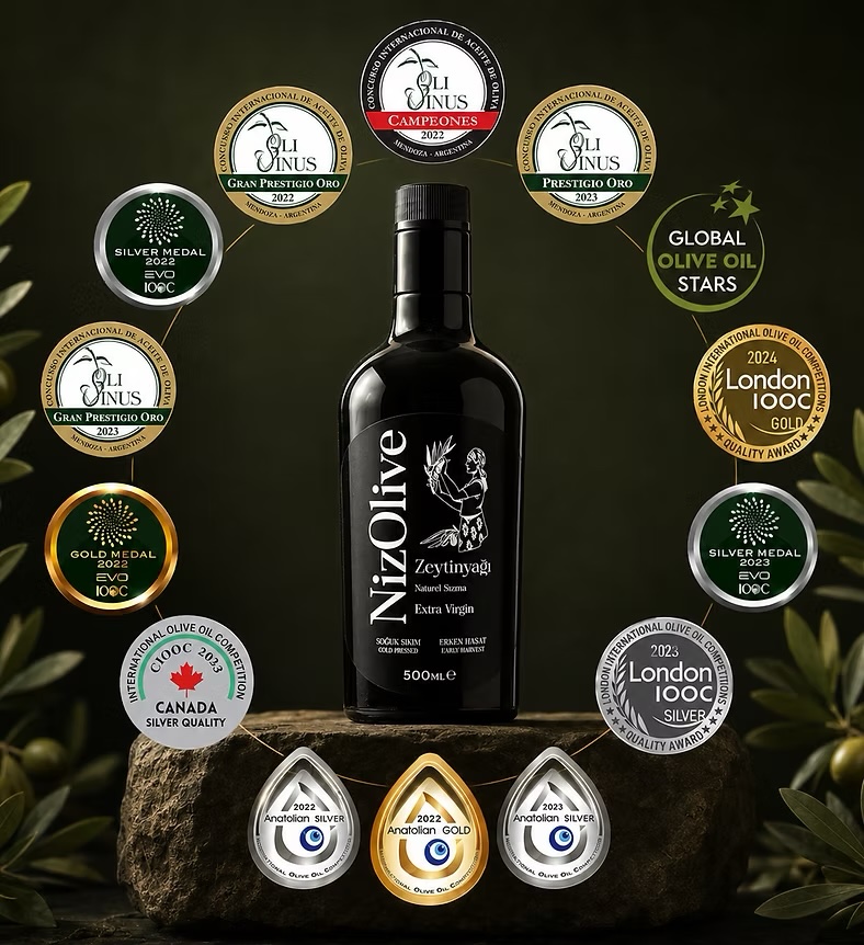 NizOlive bottle surrounded by a wheel of international award medals